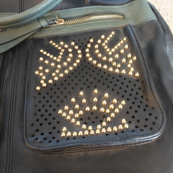 Studded handbag green black gold pockets roomy - Picture 5 of 6